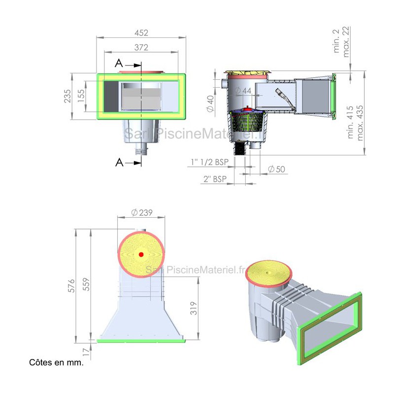 Trop Plein SK - Inox Béton (ASTRAL) Skimmer A-100 Inox piscine Béton